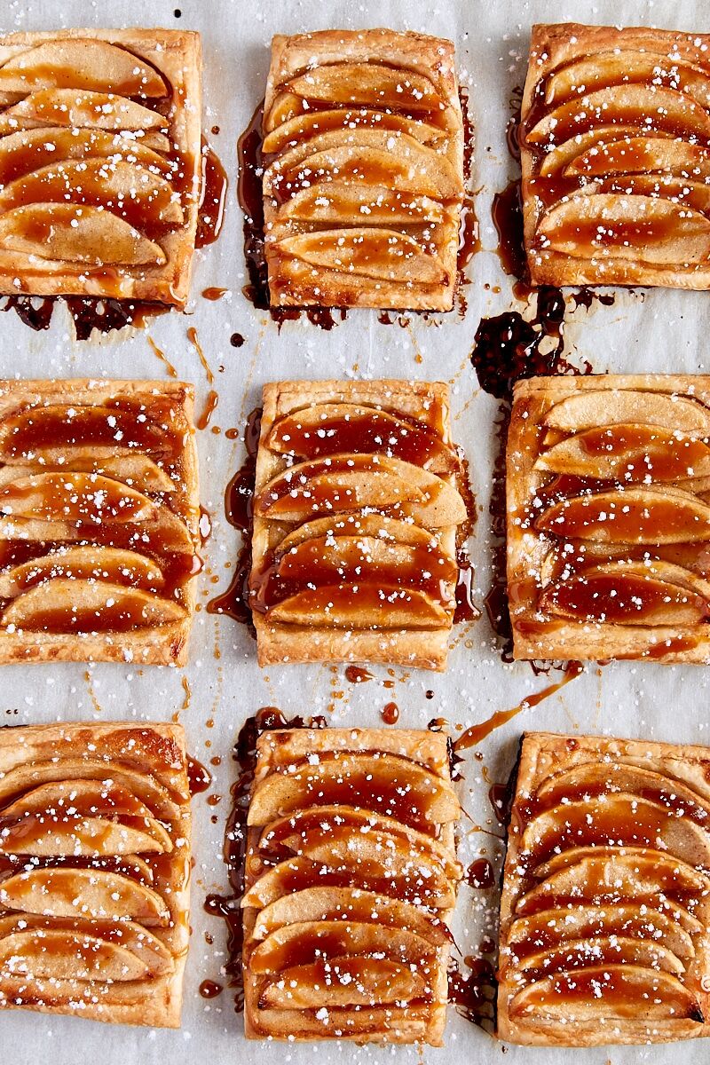 Puff pastry apple tarts topped with caramel sauce