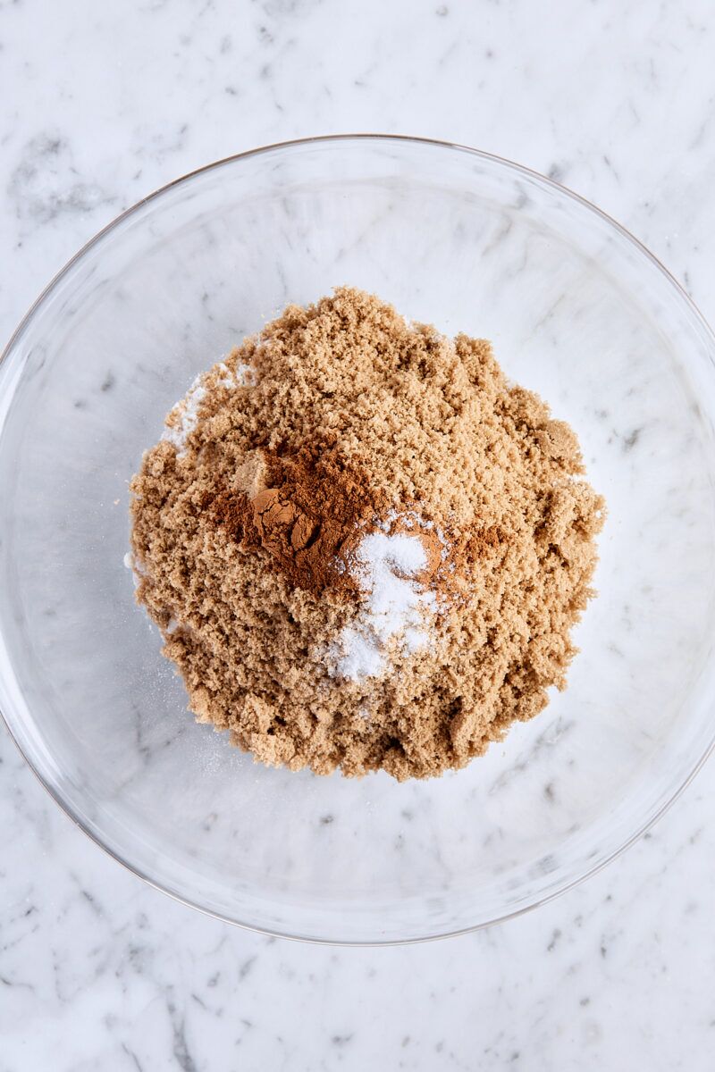 Streusel topping ingredients in glass bowl
