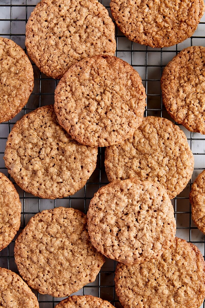 Baked oatmeal cookies on wire cooling rack
