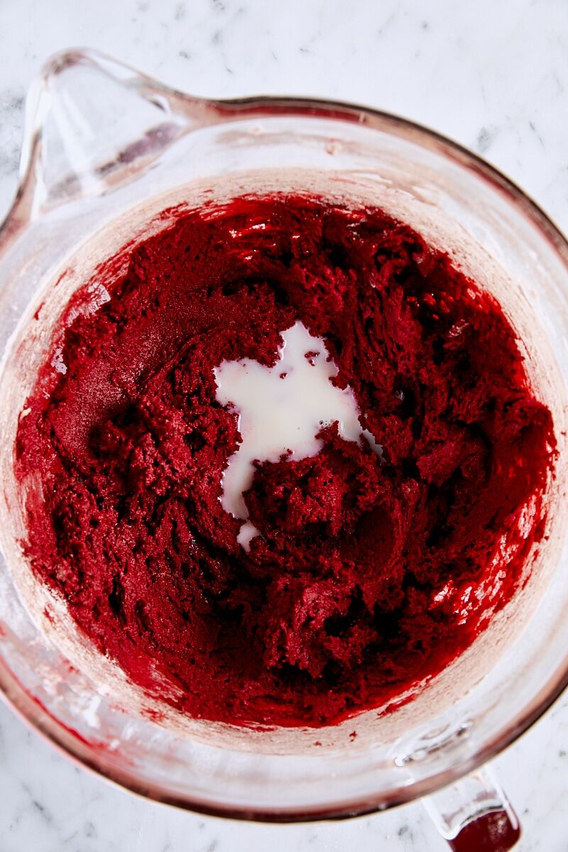 Milk added to red velvet cookie dough