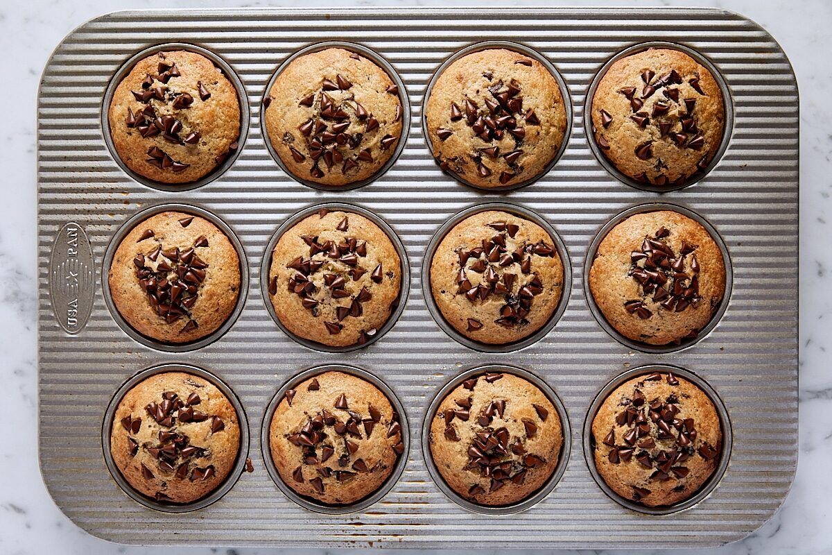 Baked banana bread muffins in muffin tin