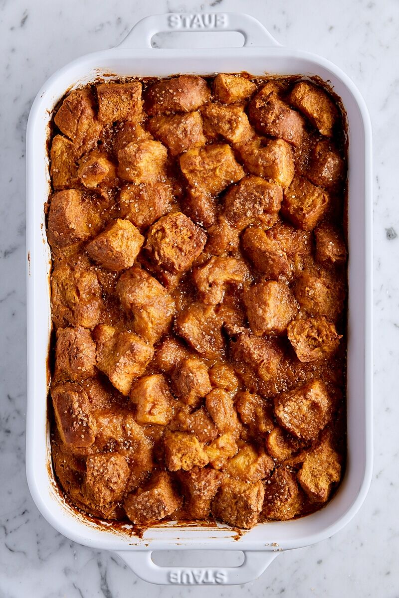 Baked pumpkin bread pudding in baking dish