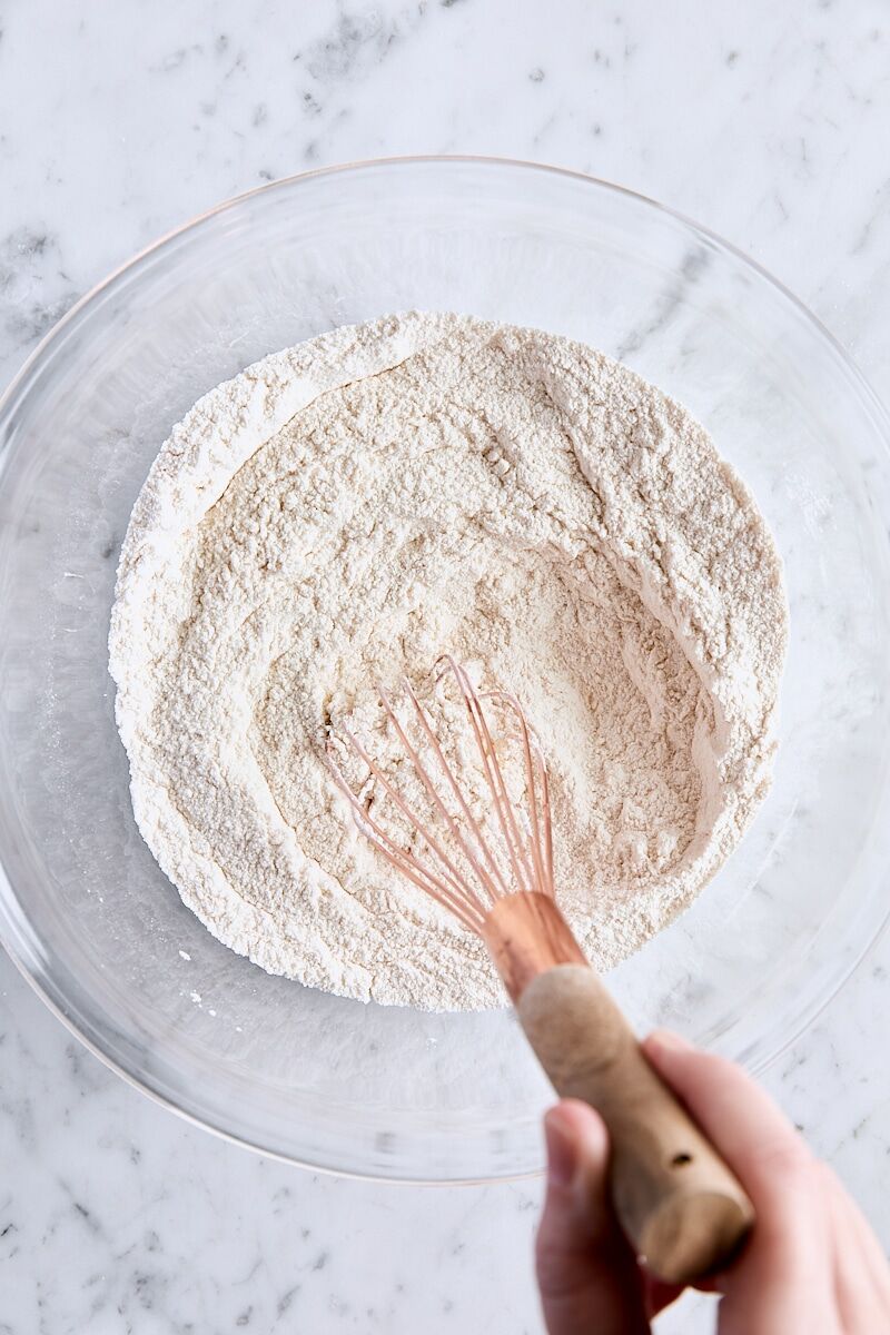 Dry ingredients whisked together in large glass bowl