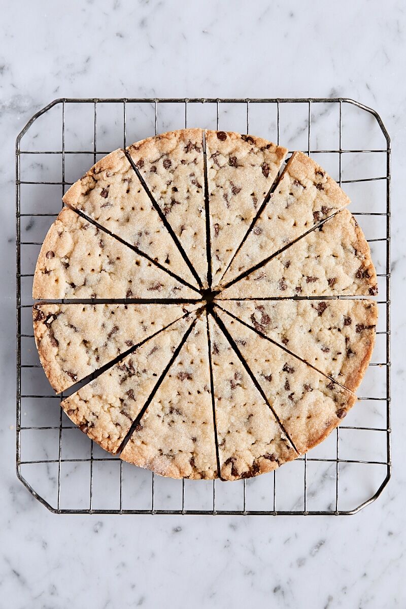 Chocolate chip shortbread wedges on wire rack