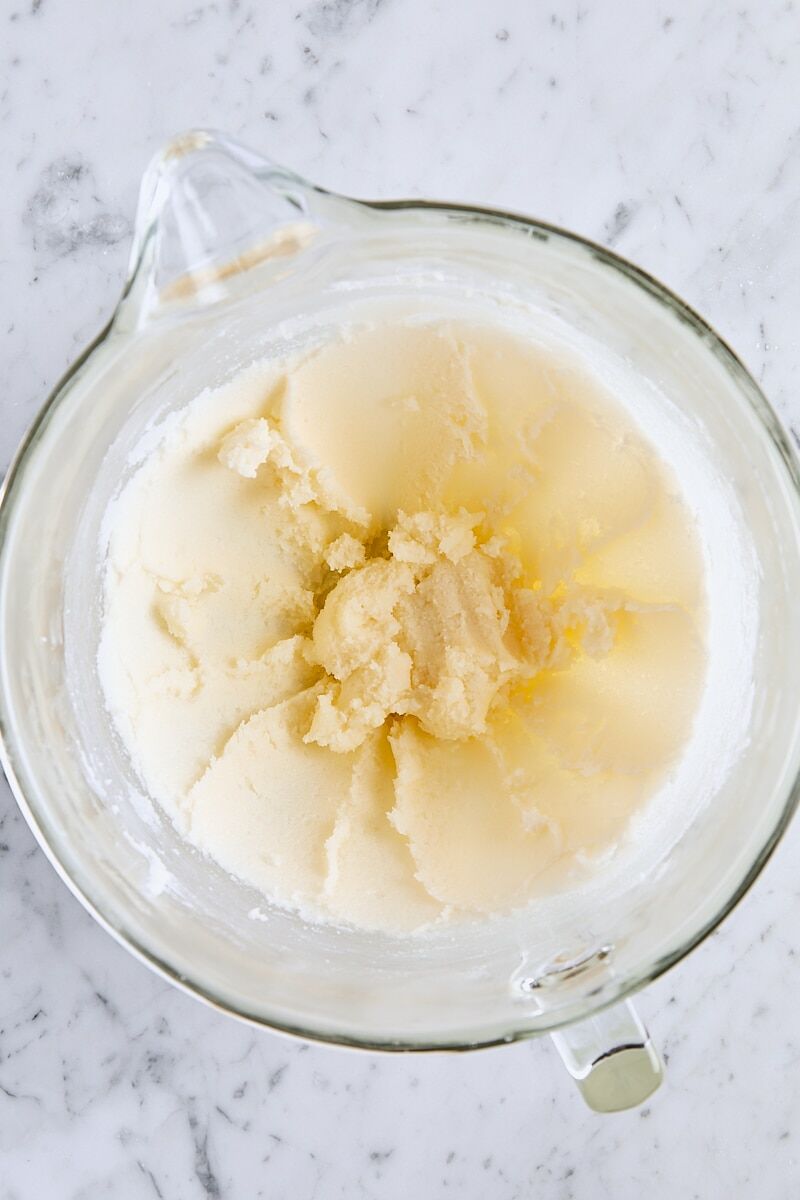 Butter and sugar mixed until soft and creamy