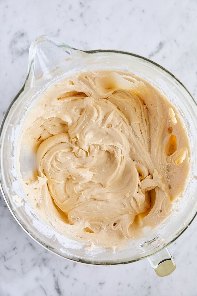 Mixed batter in glass mixer bowl