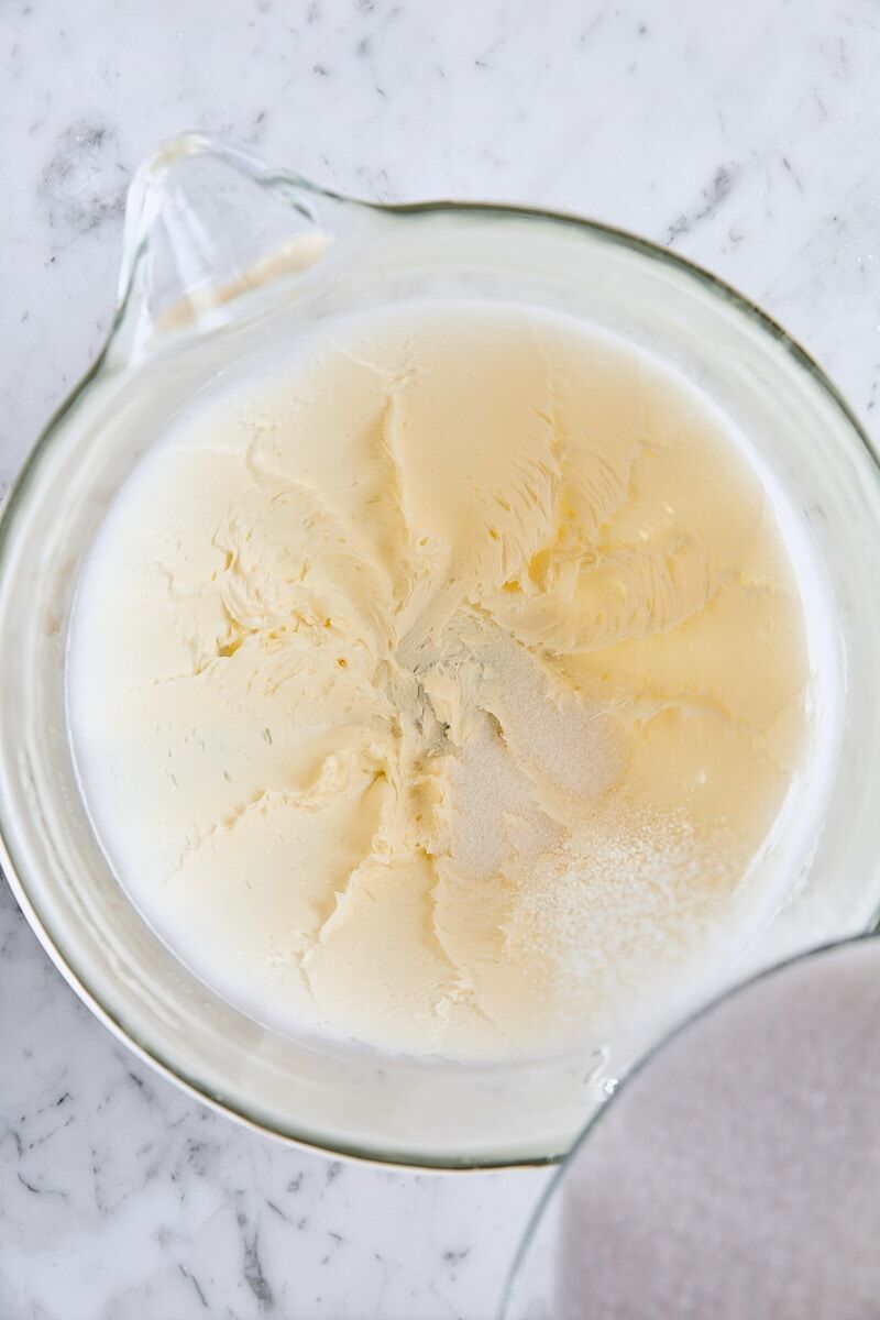 Granulated sugar gradually added to butter mixture