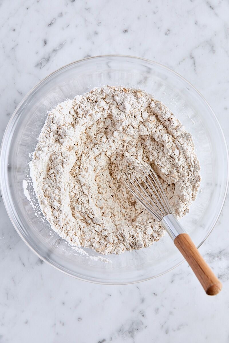 Dry ingredients whisked together in glass bowl