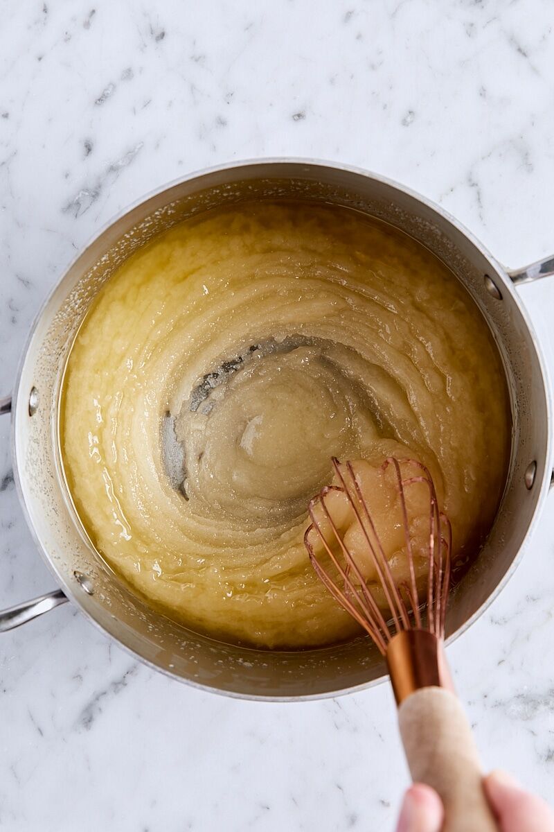 Sugar and melted butter whisked together in saucepan