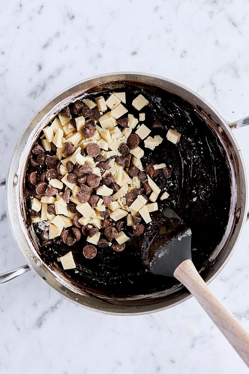 Chopped white chocolate and chocolate chips added to brownie batter