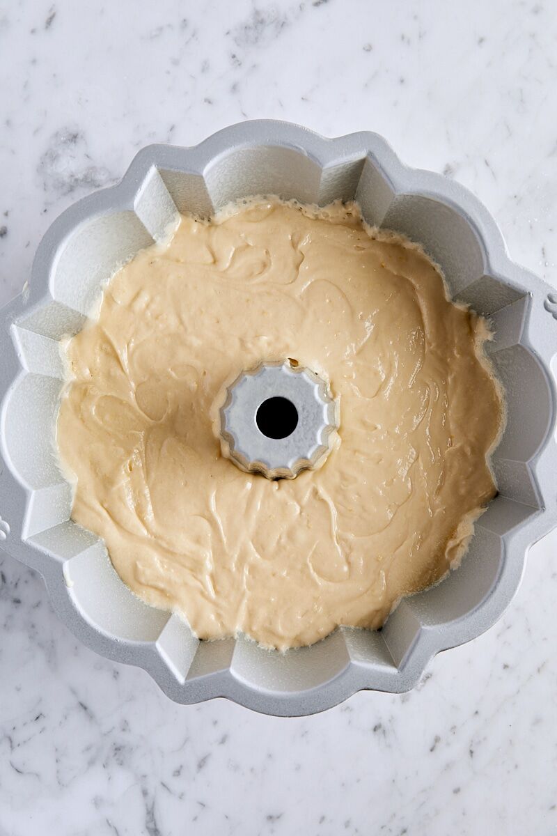 Lemon pound cake batter in bundt pan