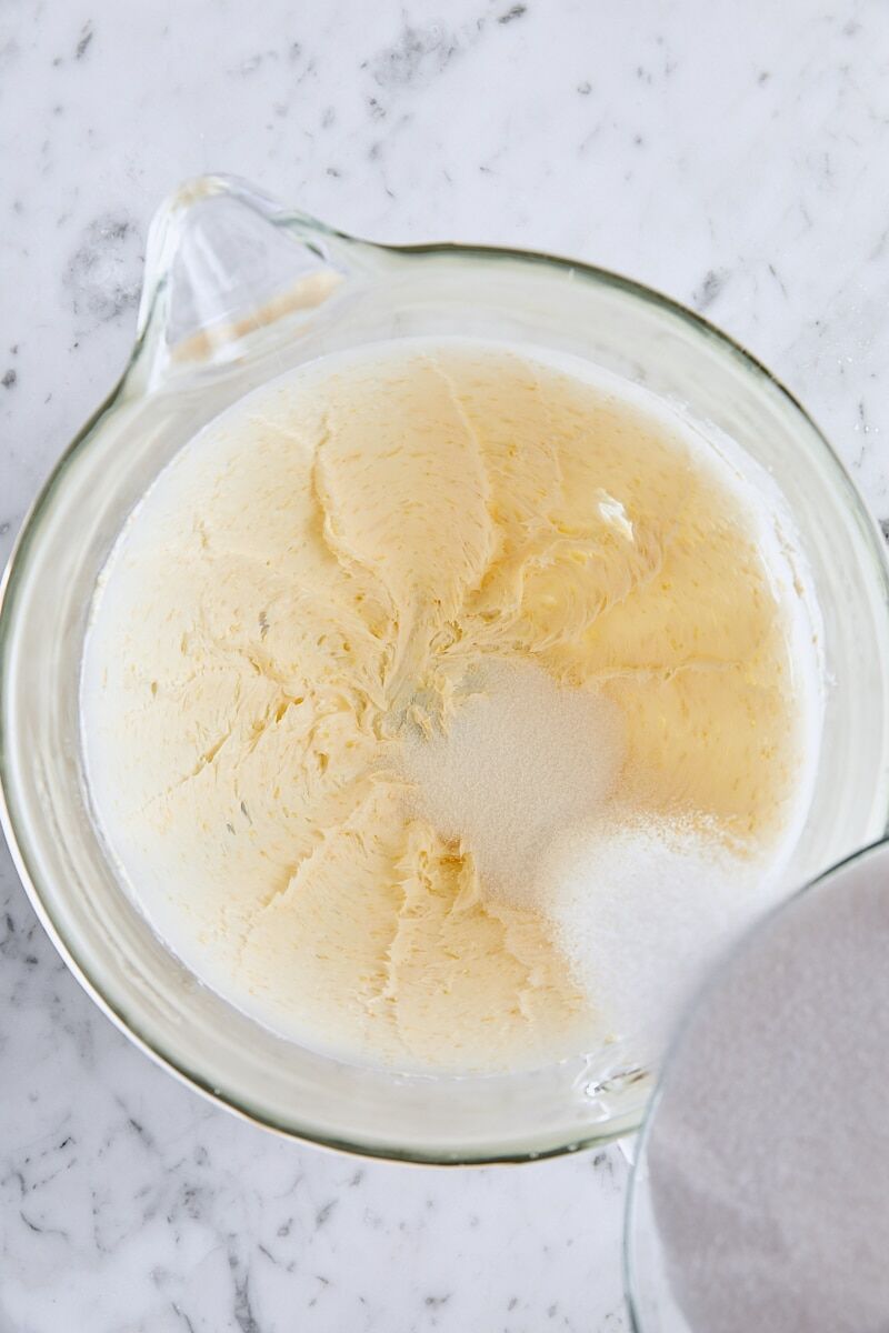 Granulated sugar gradually added to butter mixture