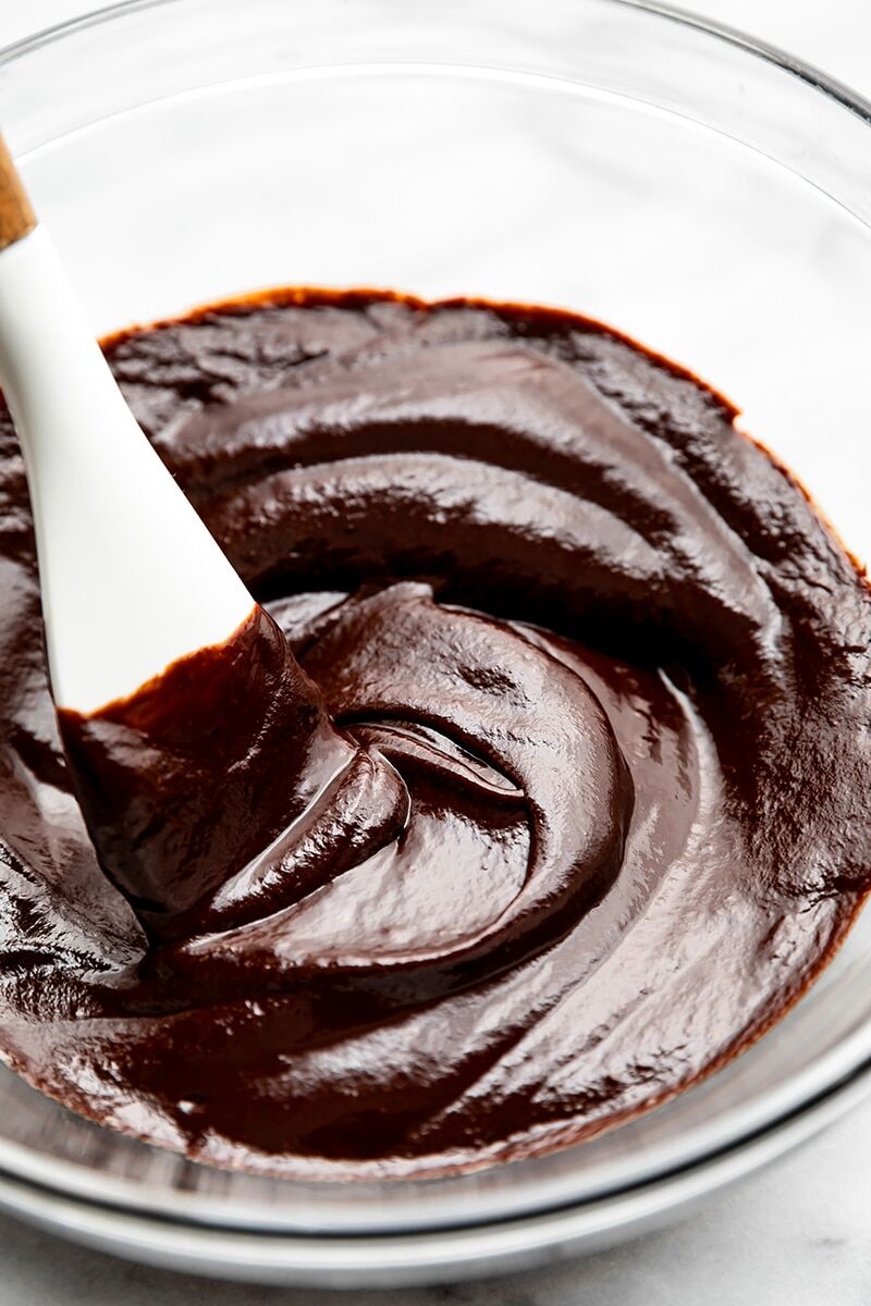 Ganache mixture gently stirred with rubber spatula