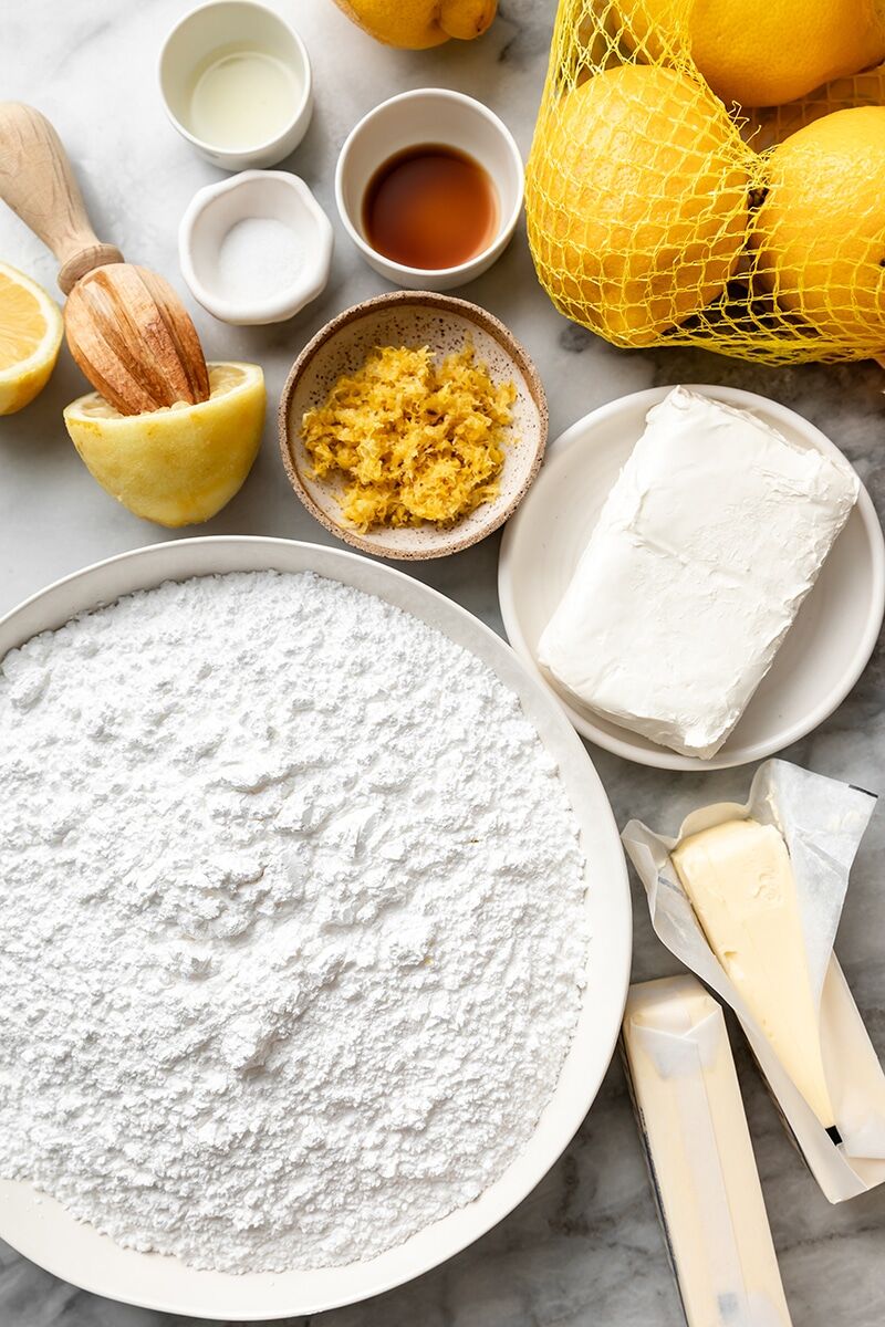 Butter, cream cheese, salt, vanilla extract, lemon zest, lemon juice, and powdered sugar