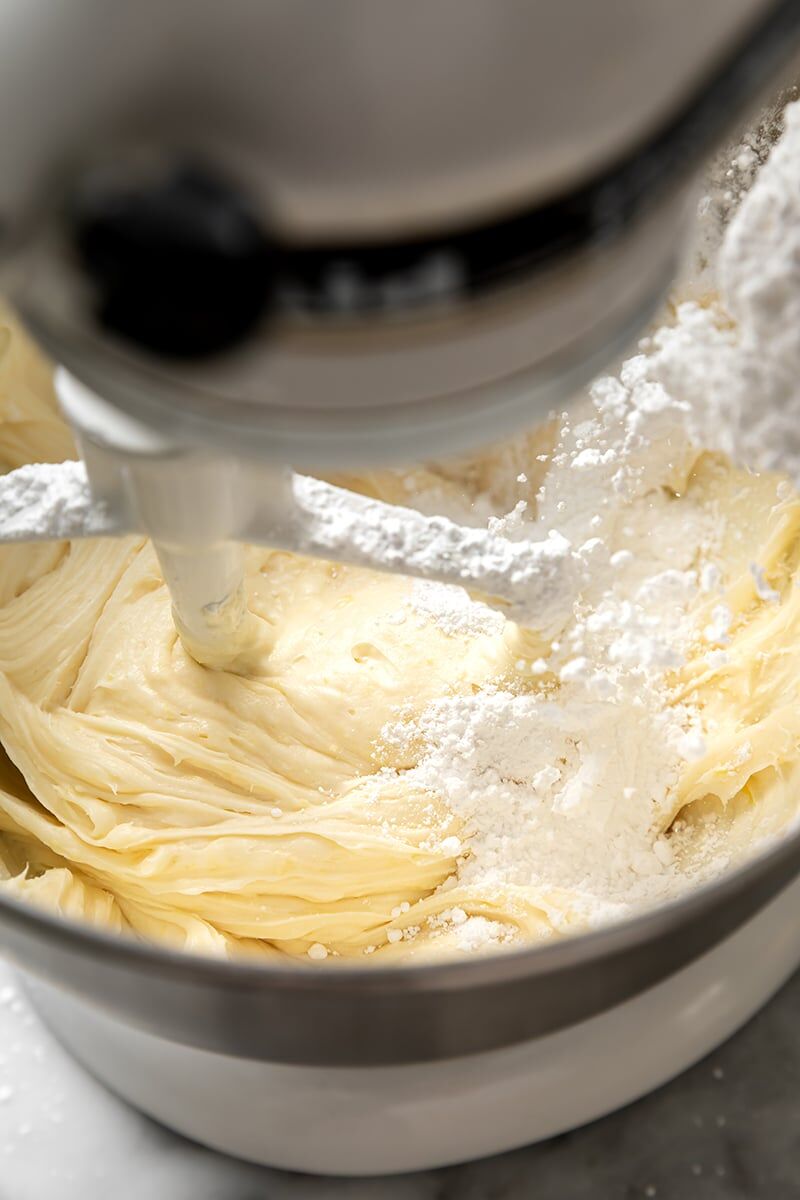 Powdered sugar gradually added to cream cheese mixture