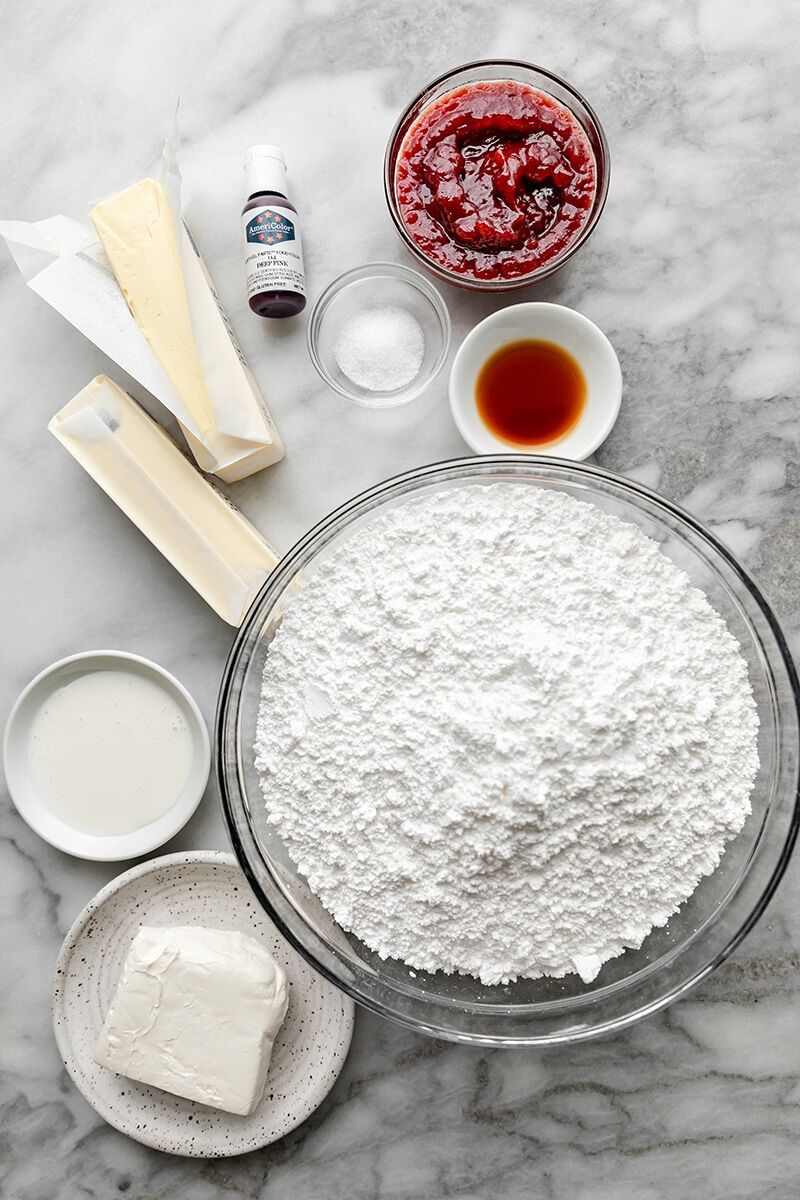 Butter, cream cheese, salt, powdered sugar, vanilla, raspberry preserves, pink gel food coloring, and heavy cream