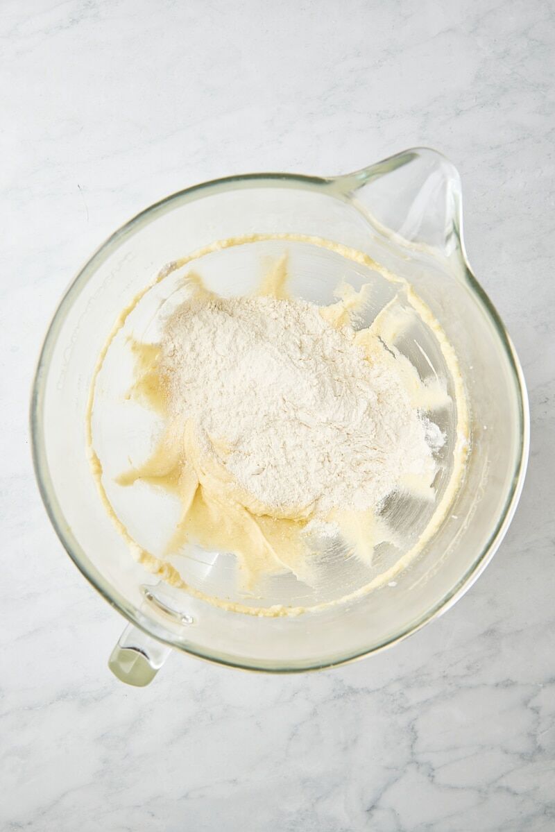 Dry ingredients added to cake batter