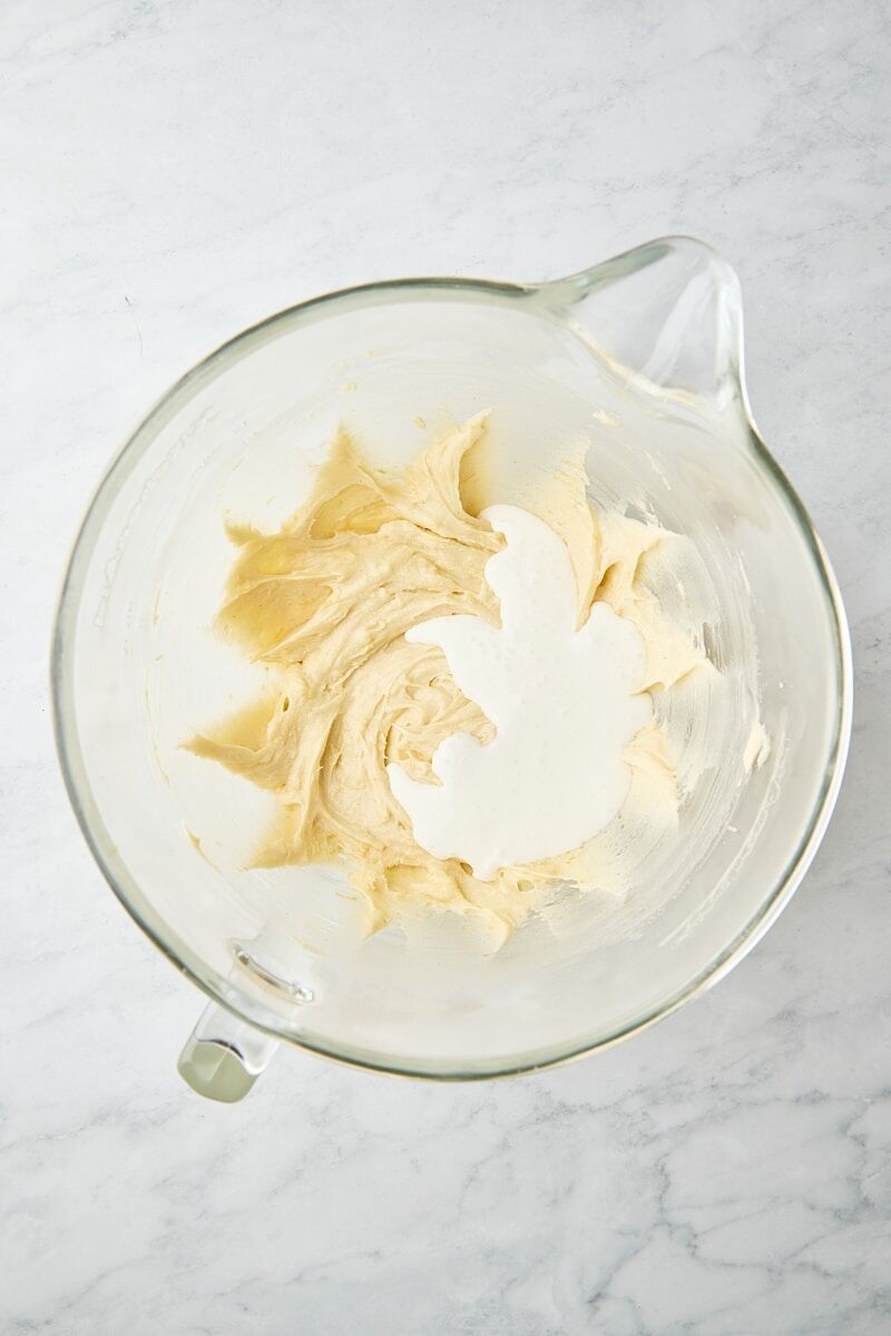 Sour cream mixture added to cake batter