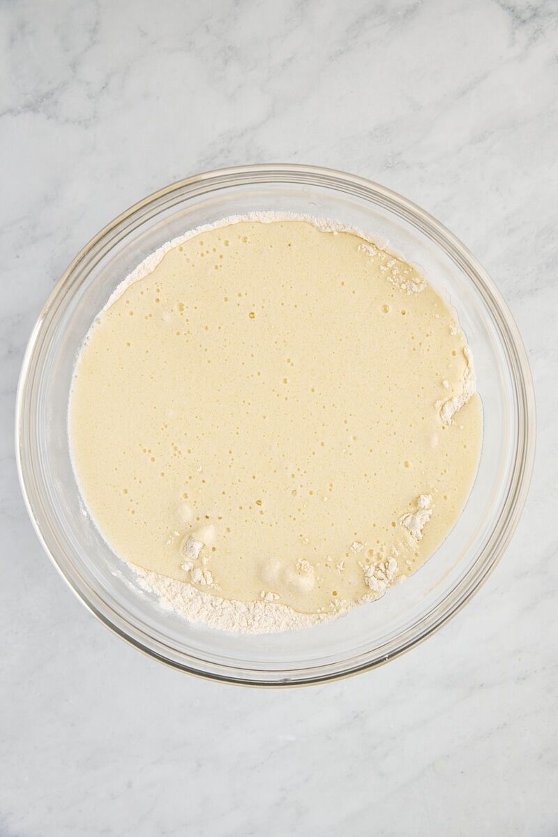 Buttermilk mixture added to flour mixture