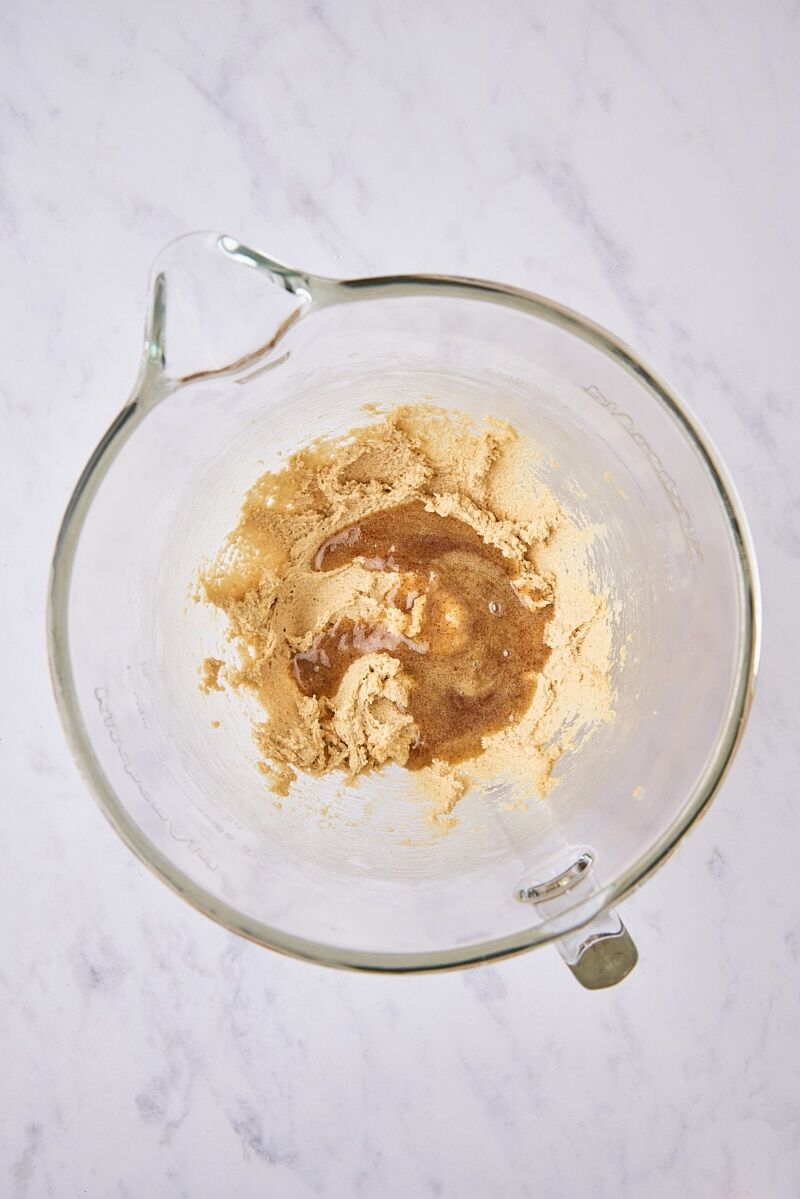 Cooled brown butter added to mixer bowl