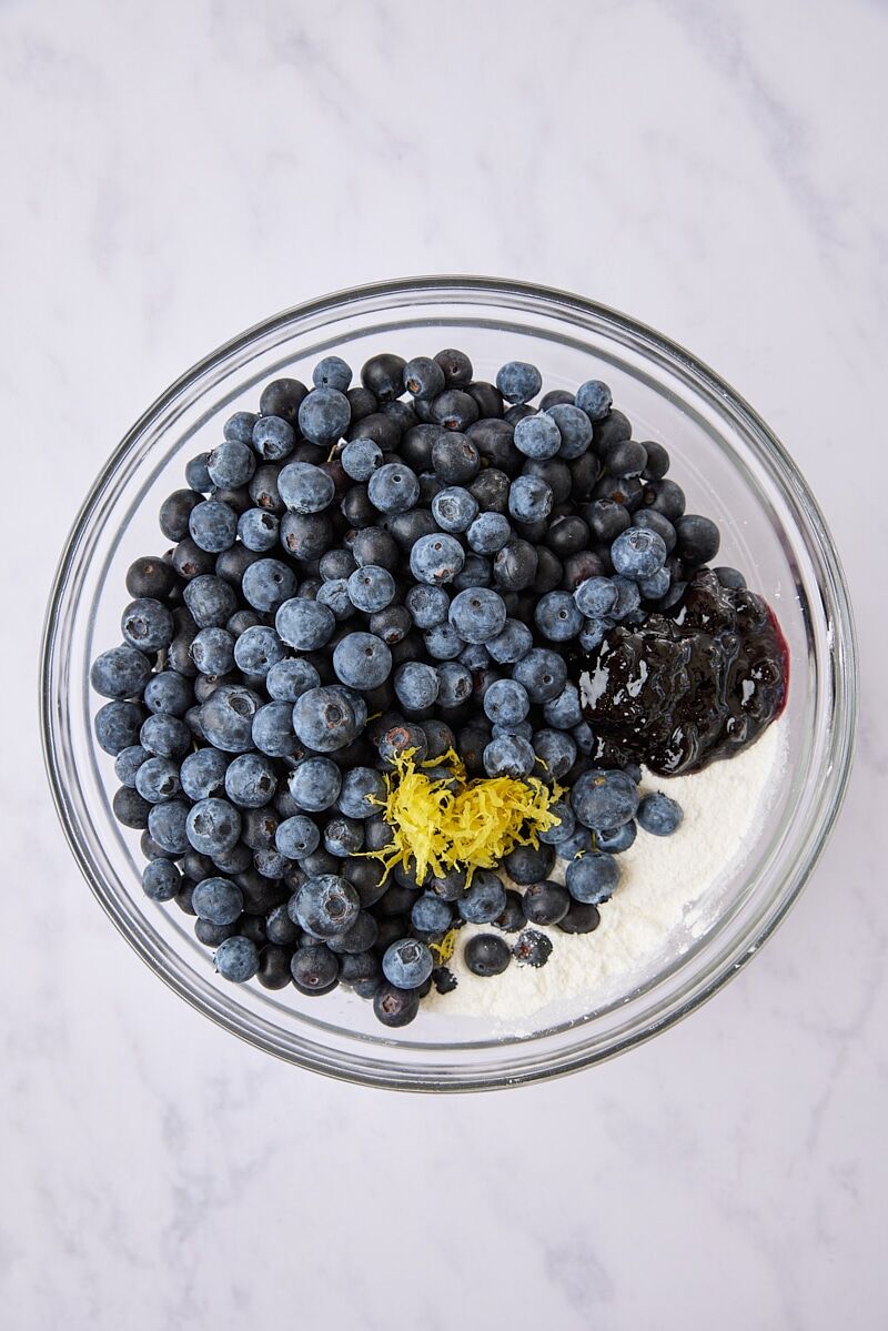 Blueberry filling ingredients in glass bowl