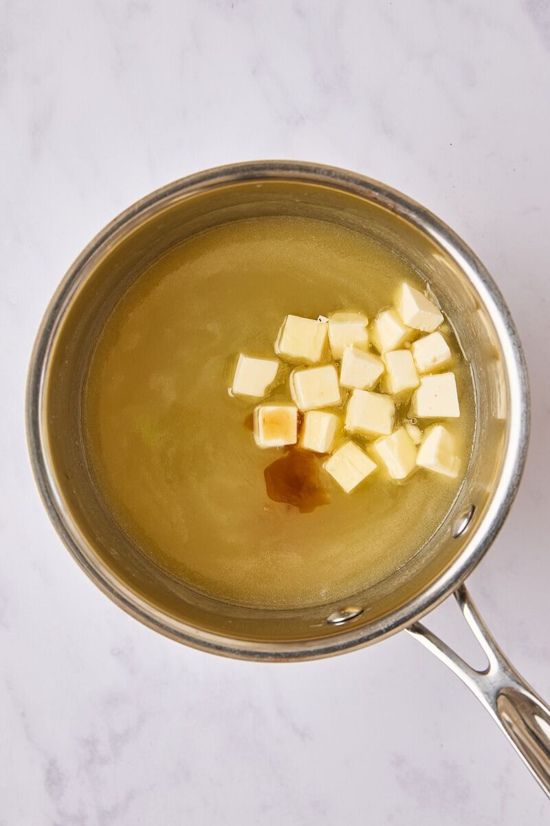Cubed butter and vanilla added to mixture