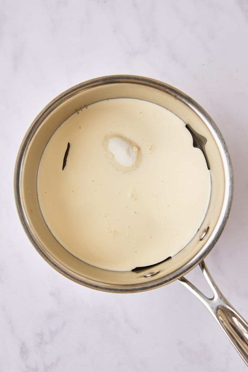 Corn syrup, sugar, salt, water, and heavy cream in saucepan