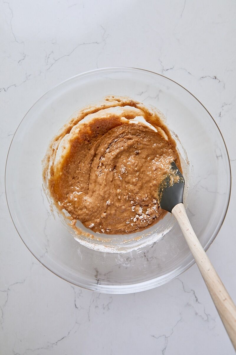 Applesauce mixture folded into flour mixture until almost combined