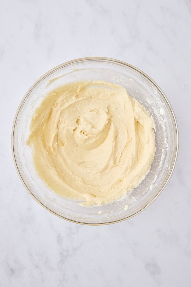 Smooth cream cheese mixture in glass bowl