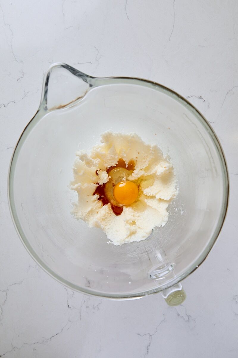 Egg and vanilla added to mixer bowl