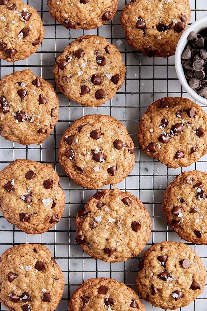 Baked oatmeal chocolate chip cookies on wire cooling rack