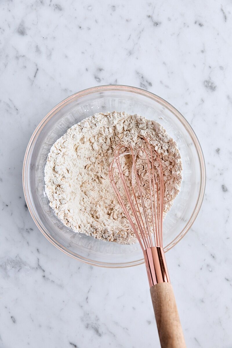 Dry ingredients whisked together in glass bowl