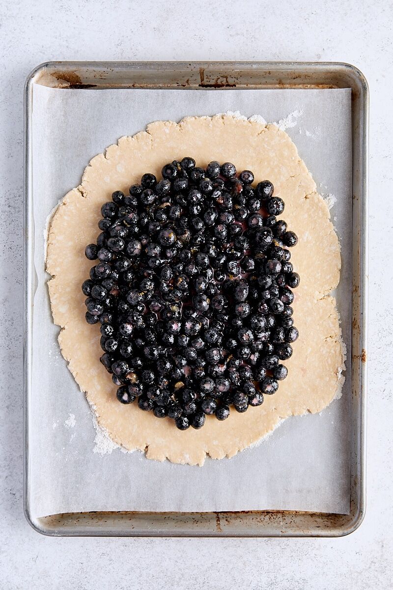 Pie dough topped with blueberry filling on parchment-lined baking sheet