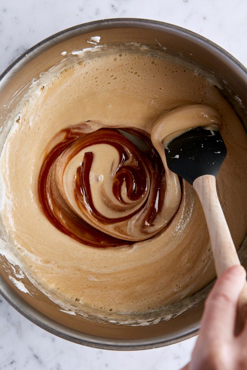 Salted caramel added to marshmallow mixture in large pan