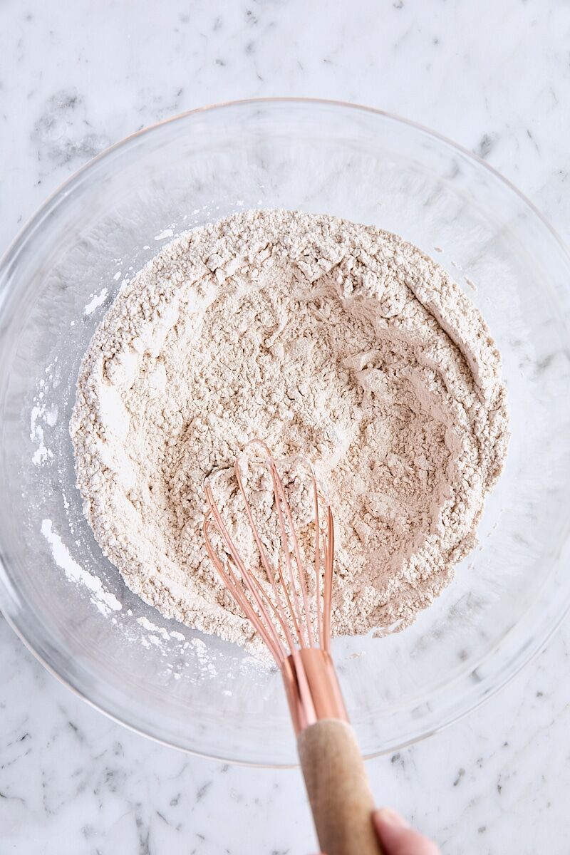 Dry ingredients whisked together in large glass bowl