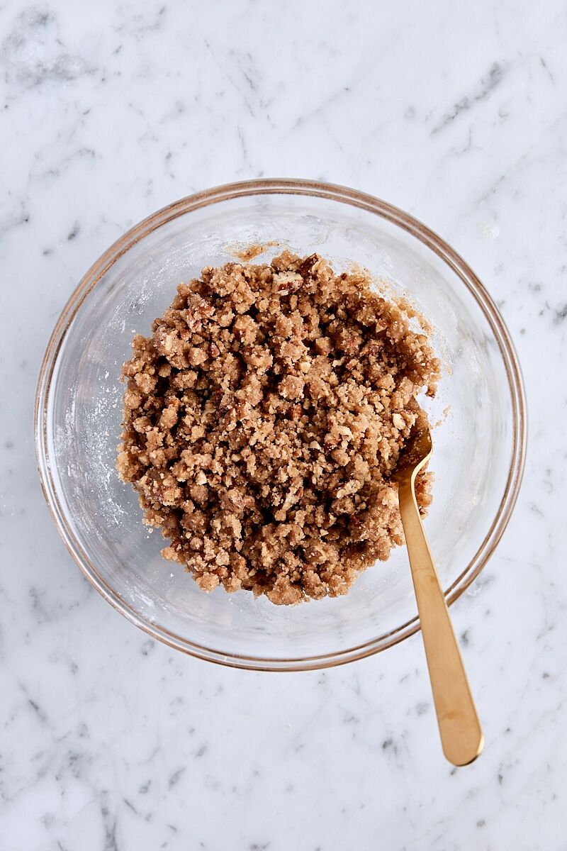 Mixed spiced pecan streusel topping in glass bowl