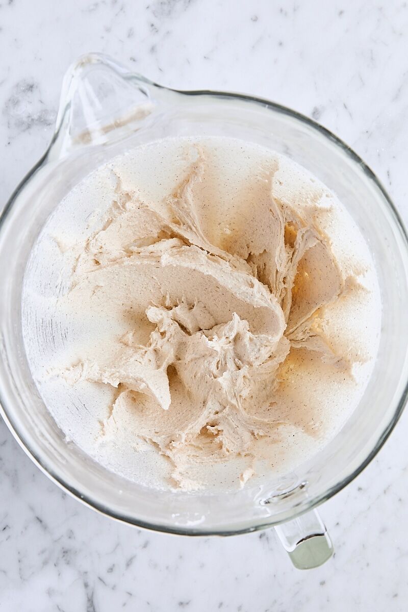 Room temperature butter, cooled brown butter, and granulated sugar mixed until creamy in glass mixing bowl
