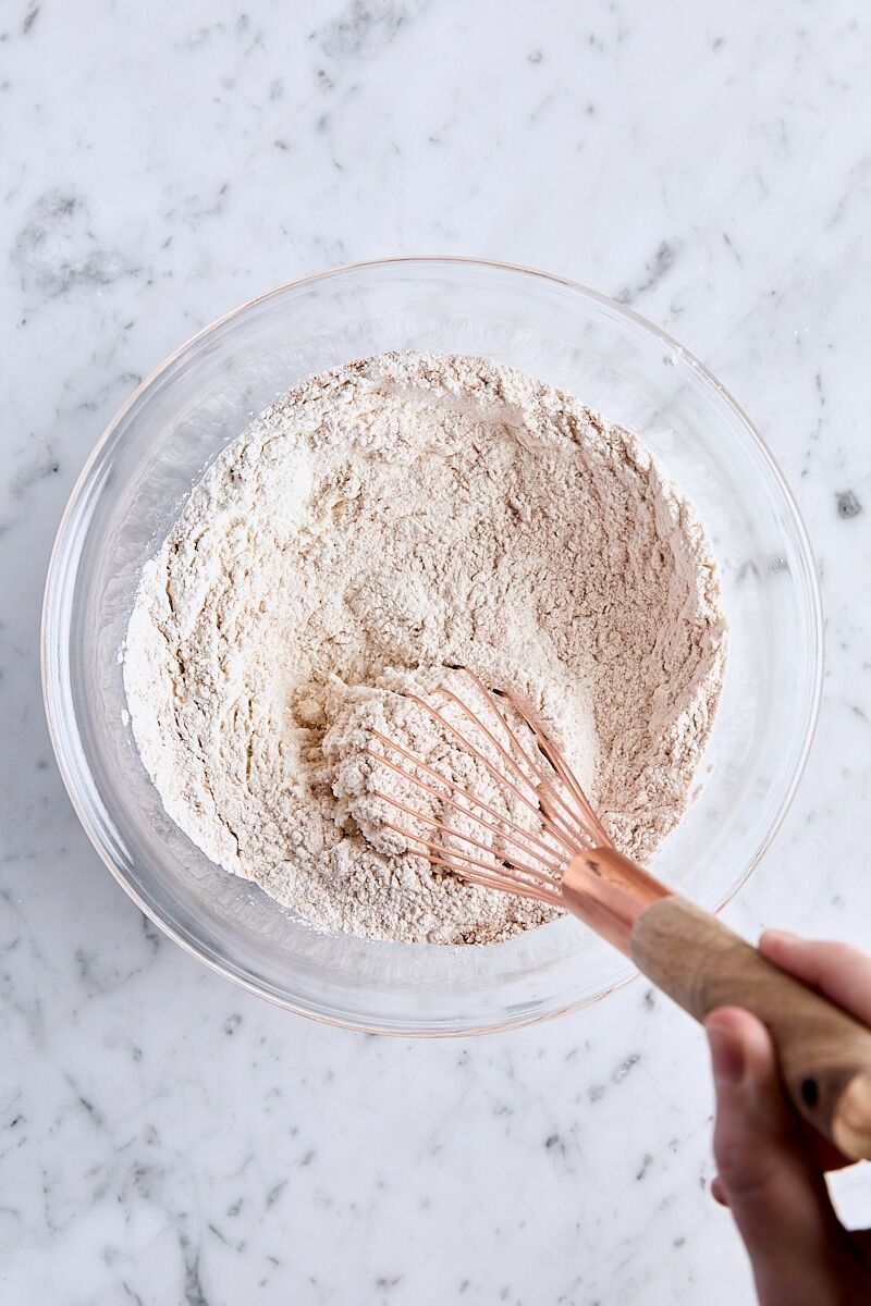 Dry ingredients whisked together in glass bowl