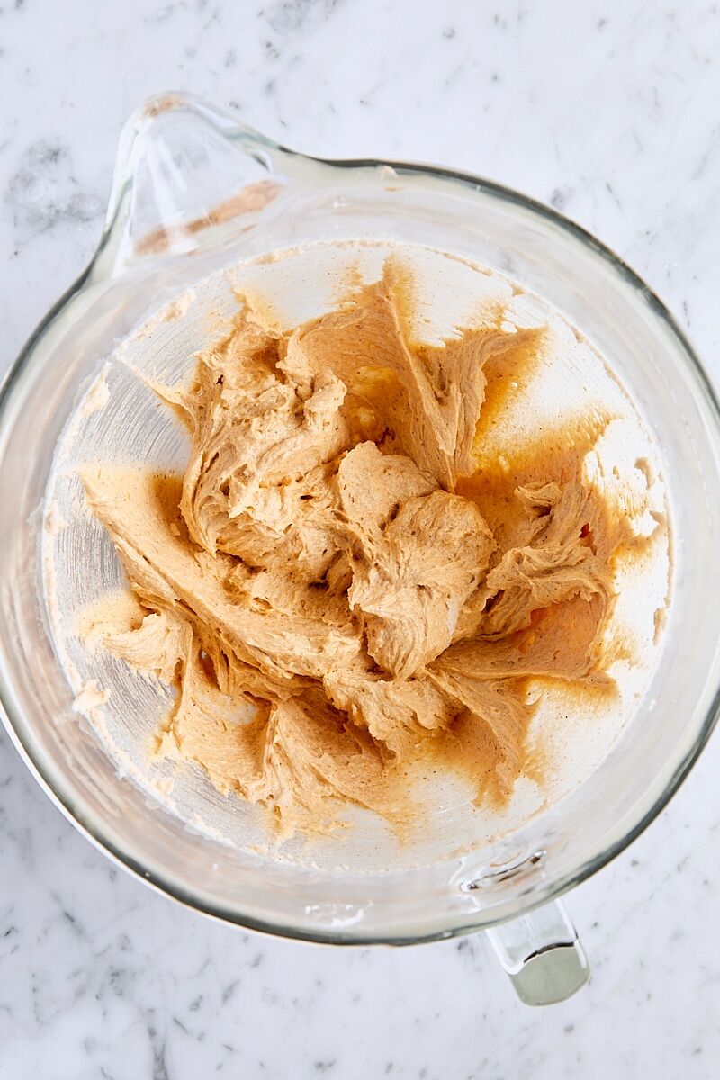 Pumpkin puree, egg yolk, and vanilla mixed into snickerdoodle dough