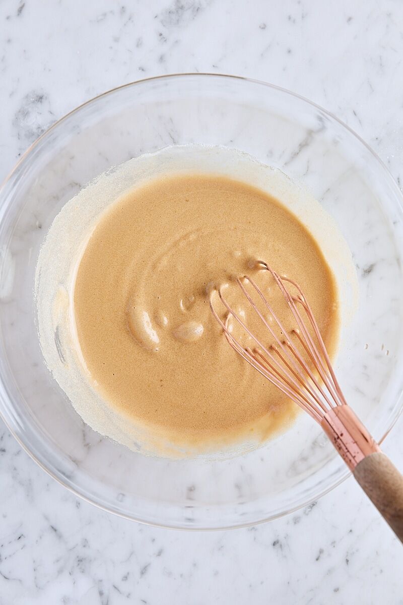 Granulated sugar, light brown sugar, and eggs whisked together until smooth and ribbony