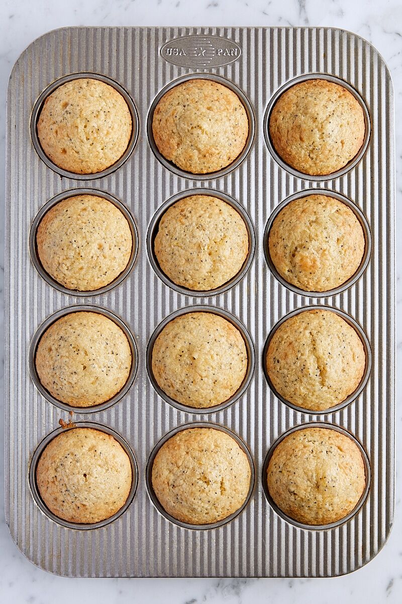 Baked lemon poppy seed muffins in muffin tin