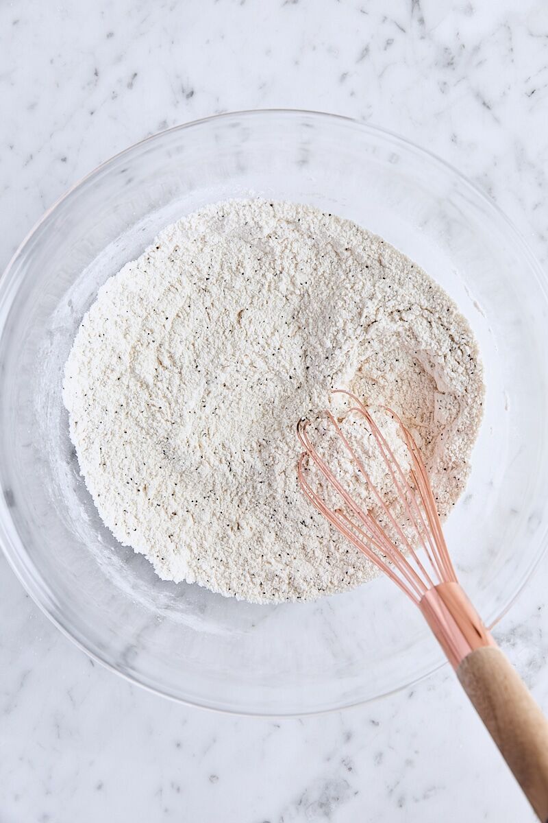 Dry ingredients whisked together in large glass bowl