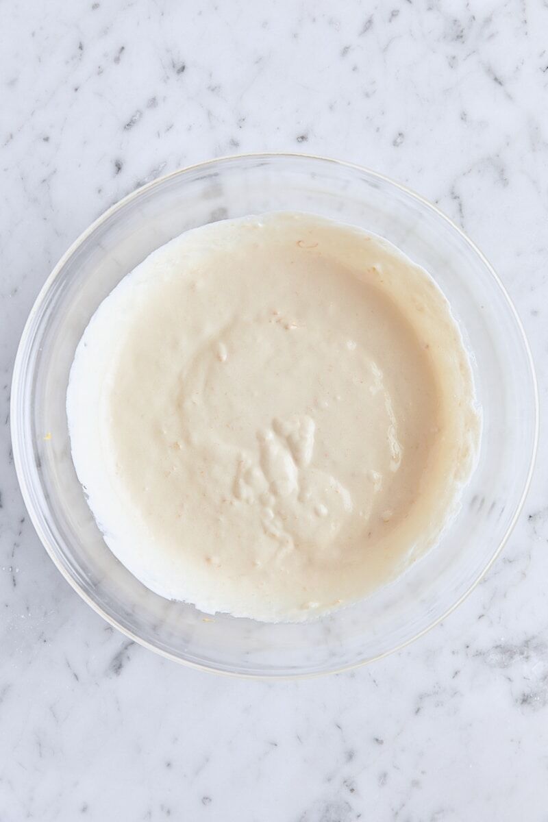 Wet ingredients whisked together in medium glass bowl