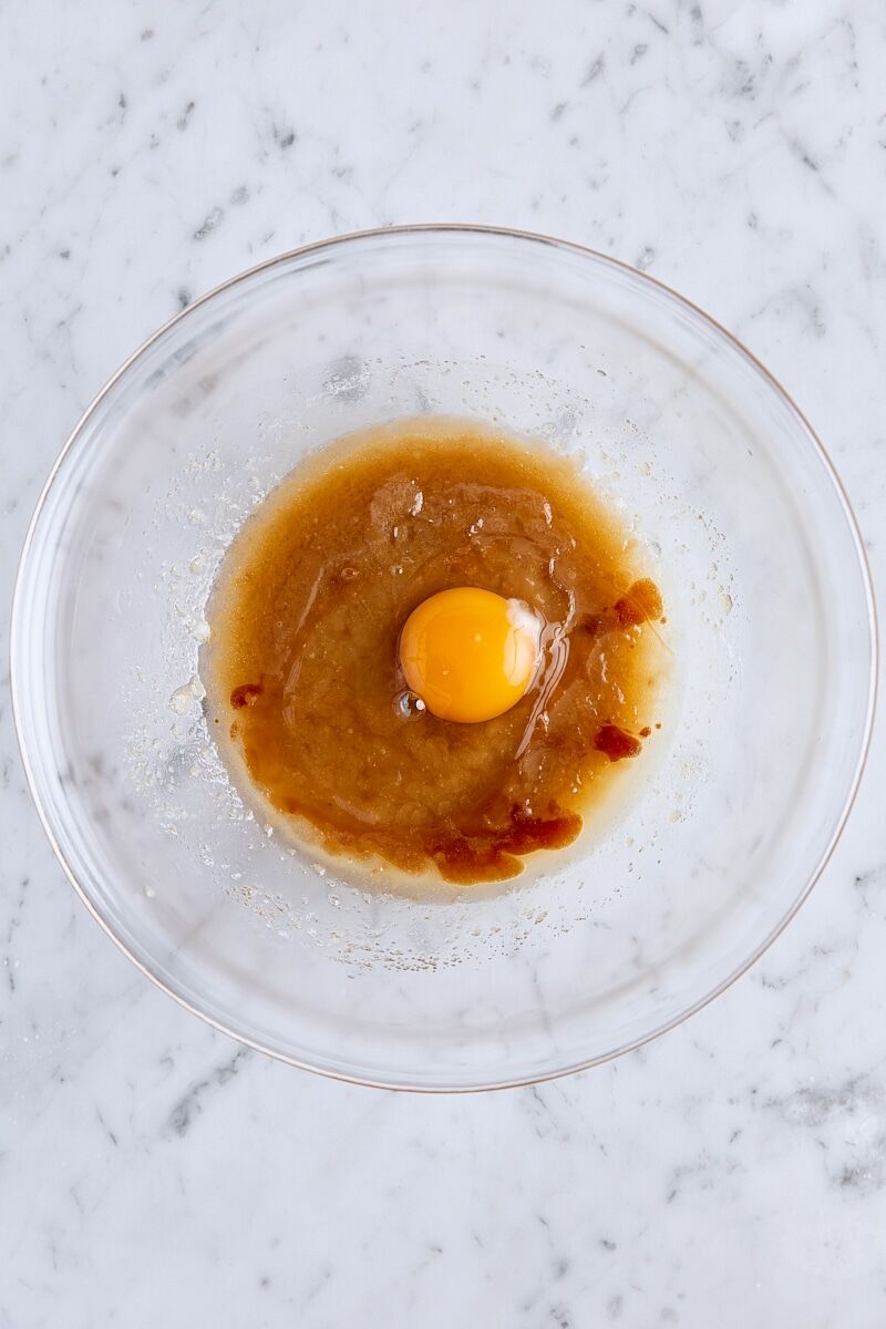 Egg and vanilla extract added to butter-sugar mixture