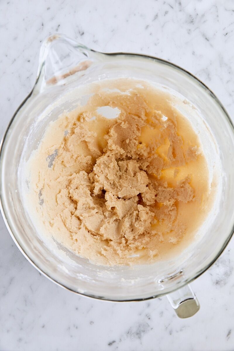 Butter, granulated sugar, and brown sugar mixed together until creamy
