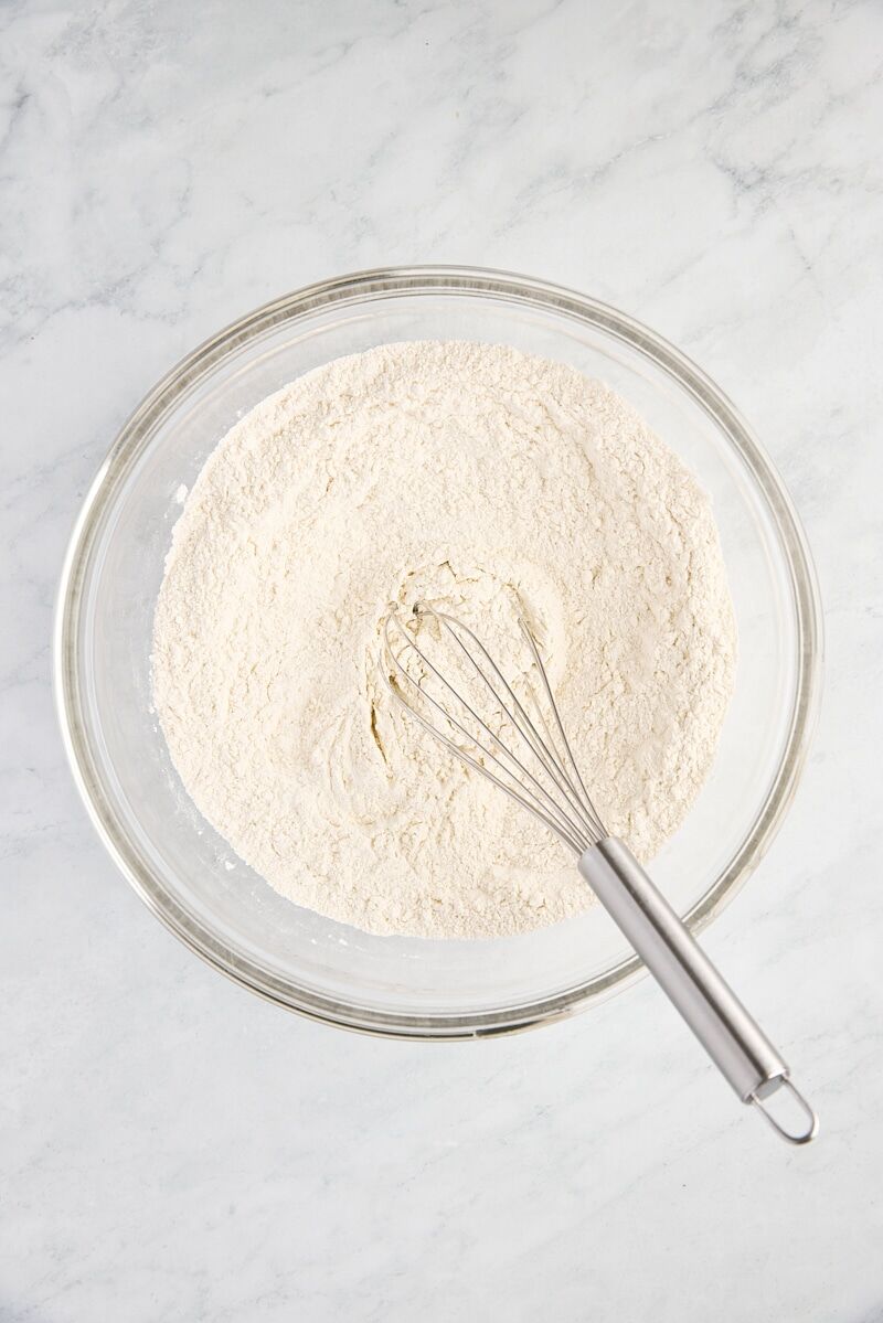 Flour, baking powder, baking soda, sugar, and salt whisked together