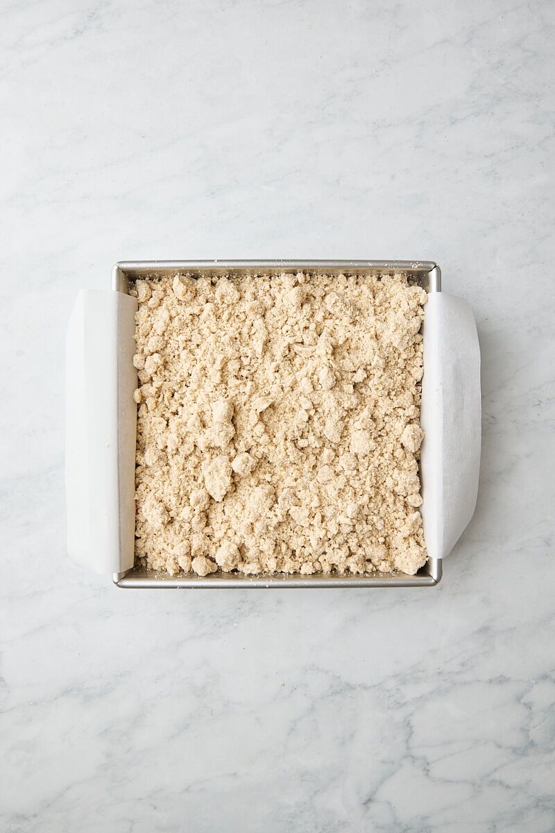 Assembled crumb cake in pan