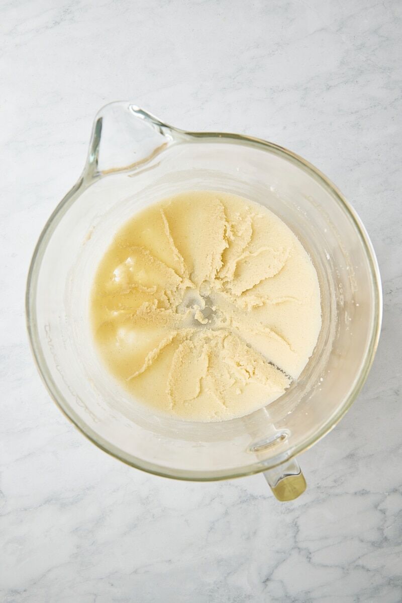 Butter, sugar, and vanilla mixed together until light and fluffy