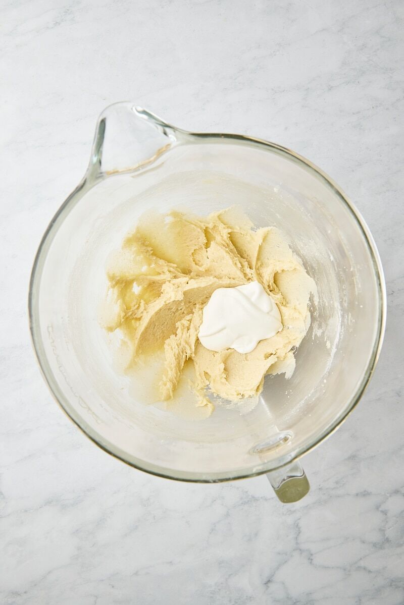 Sour cream mixture added to batter