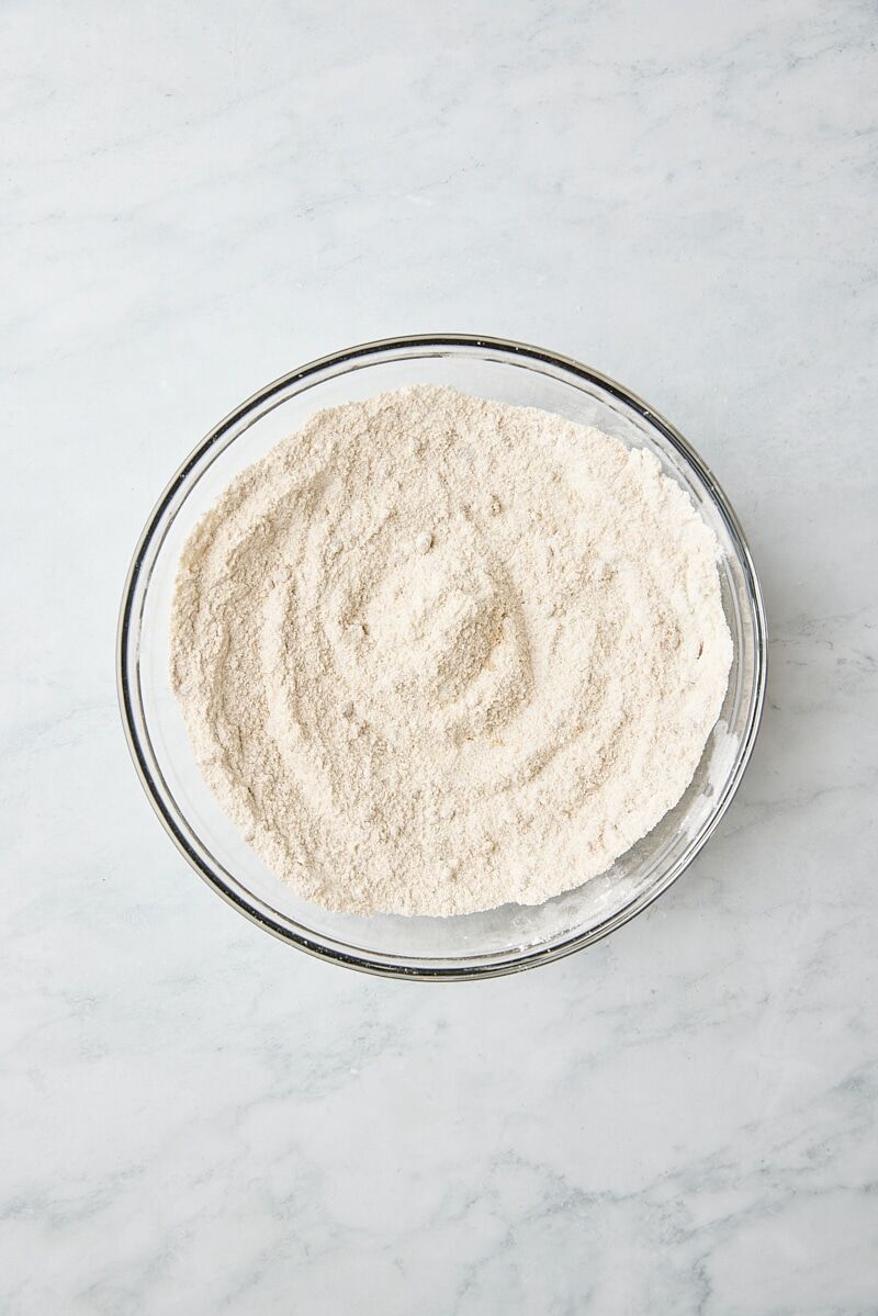 Crumb topping dry ingredients whisked together in glass bowl